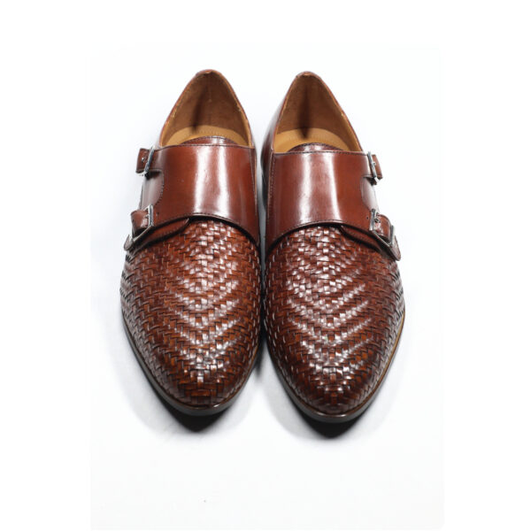 Premium woven leather double monk strap brown shoes for men