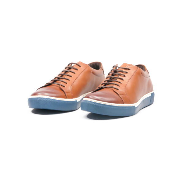 Premium tan-colored leather sneaker with a blue sole for men