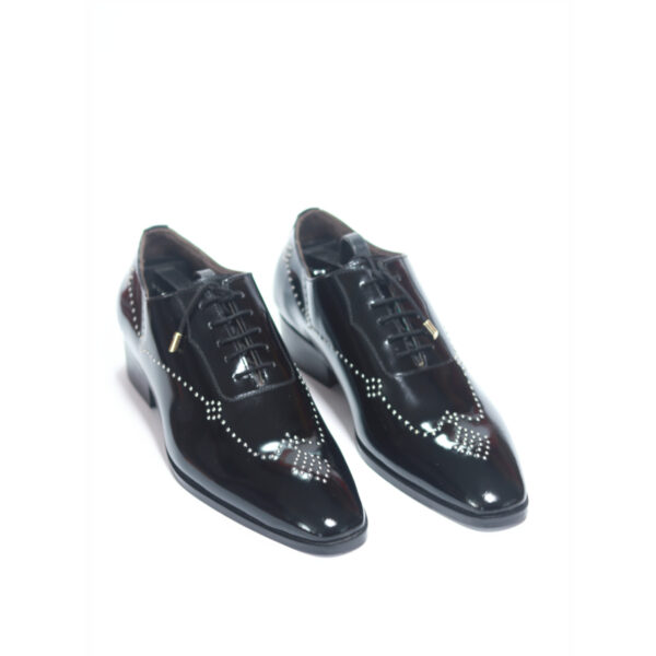Midnight Luxe Patent Brogue Oxfords with glossy metal rivets