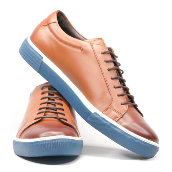 Premium tan-colored leather sneaker with a blue sole for men
