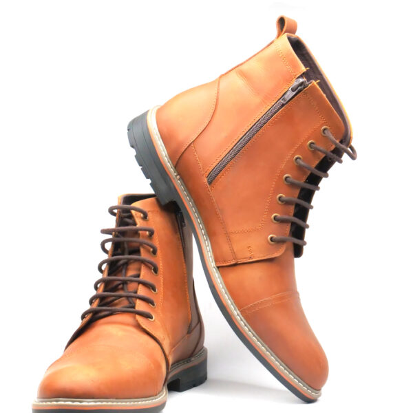 Tan leather lace-up boot with side zipper for men