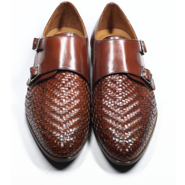 Premium woven leather double monk strap brown shoes for men
