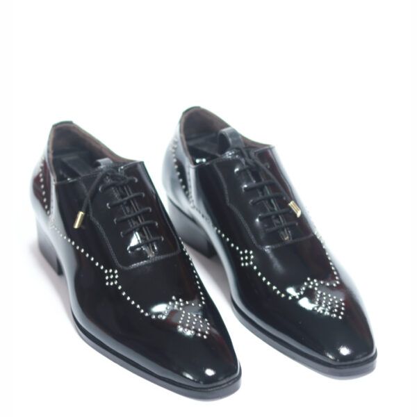 Midnight Luxe Patent Brogue Oxfords with glossy metal rivets