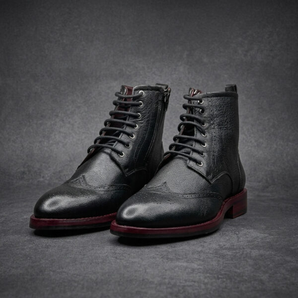 Premium black leather lace-up boots with side zipper for men